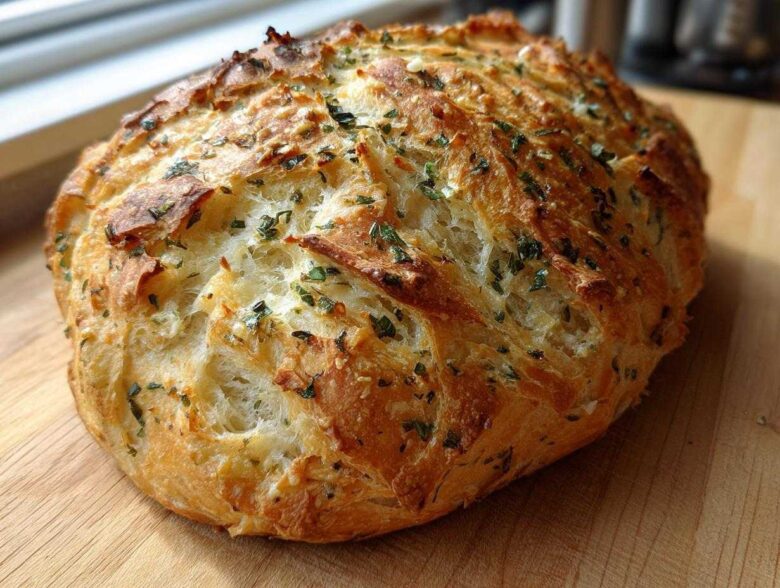 A freshly baked, golden-crusted loaf of Italian herb and cheese bread resting on a wooden cutting board.