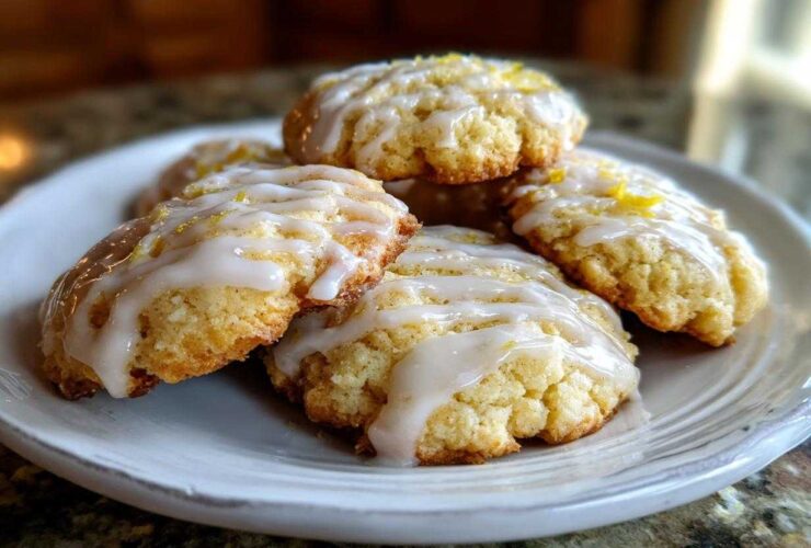 A stack of soft Italian ricotta cookies drizzled with white lemon glaze and topped with zest.