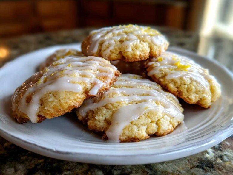 A stack of soft Italian ricotta cookies drizzled with white lemon glaze and topped with zest.
