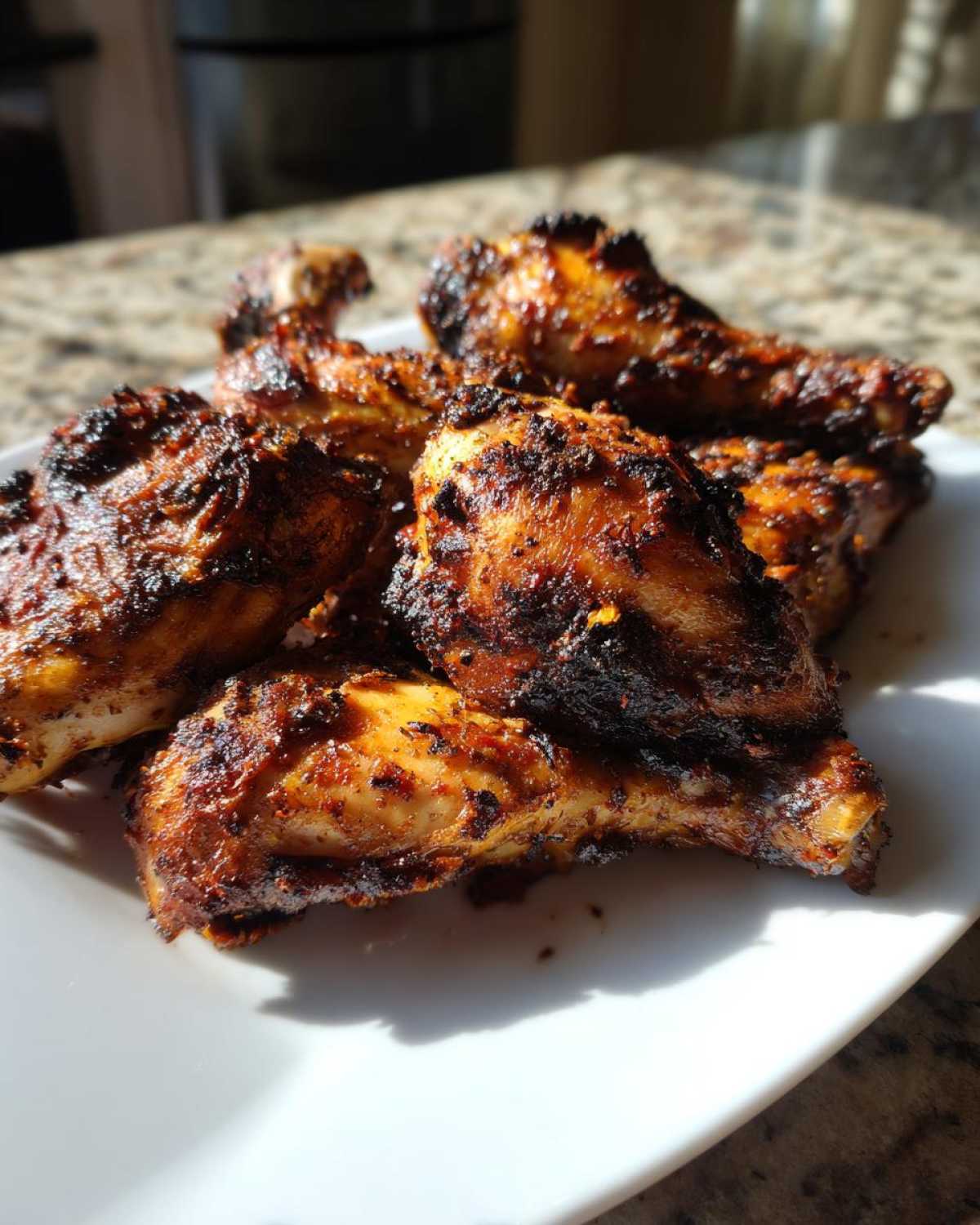 Close-up of several richly seasoned, charred Jamaican jerk chicken drumsticks piled on a white plate.