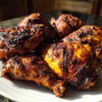 A plate piled high with pieces of richly seasoned and charred Jamaican jerk chicken.