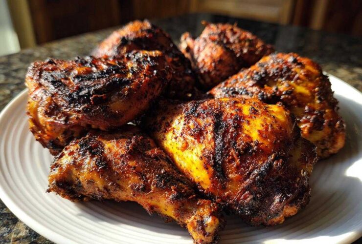 A plate piled high with pieces of richly seasoned and charred Jamaican jerk chicken.