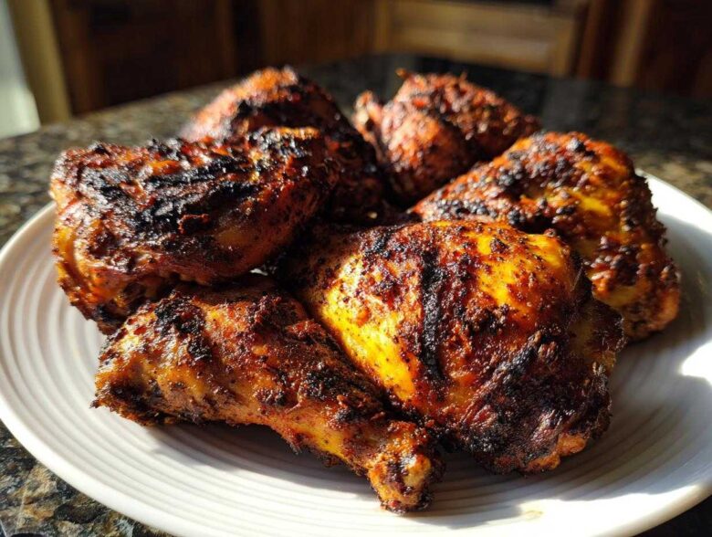 A plate piled high with pieces of richly seasoned and charred Jamaican jerk chicken.