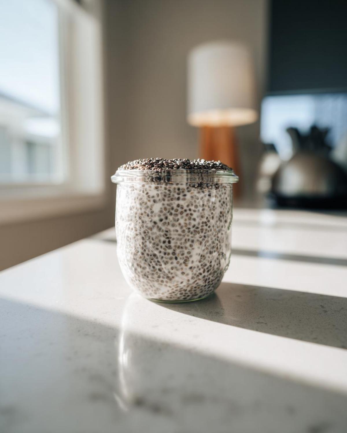 A glass jar filled with prepared chia seed pudding, topped with dry chia seeds, sitting on a bright countertop.