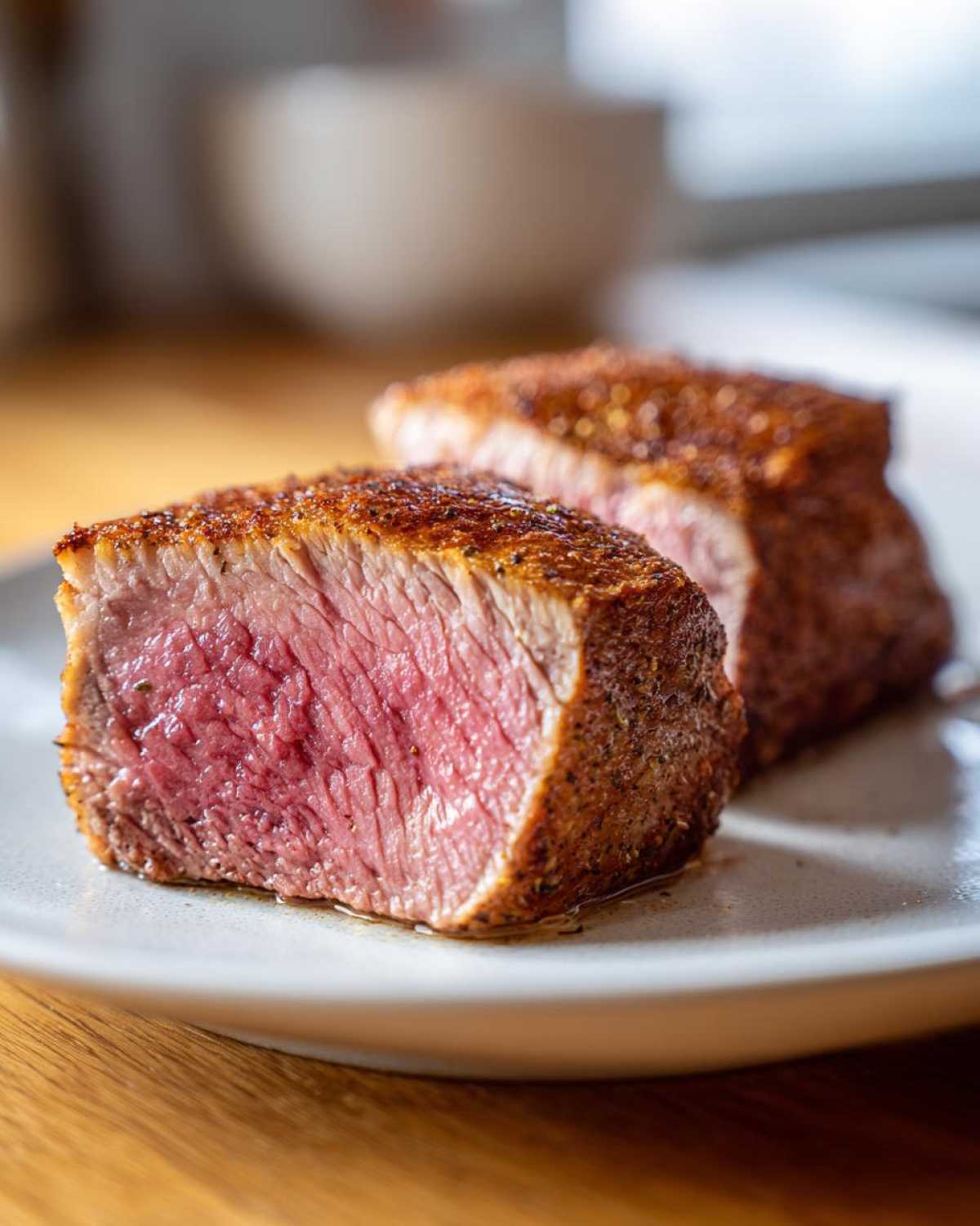 Cross section of perfectly cooked baked chicken breast showing a juicy, slightly pink center.