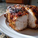 Close-up of a juicy baked chicken breast, sliced to show the perfectly cooked white interior and seasoned, browned crust.