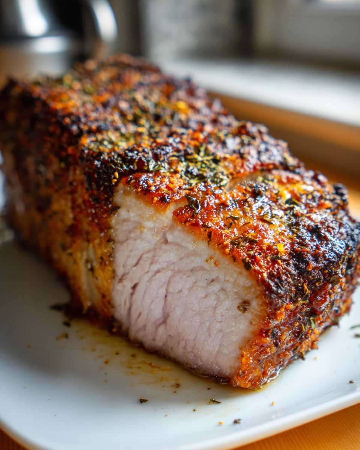 Close-up of a perfectly cooked baked chicken breast showing a juicy interior and a heavily seasoned, browned herb crust.