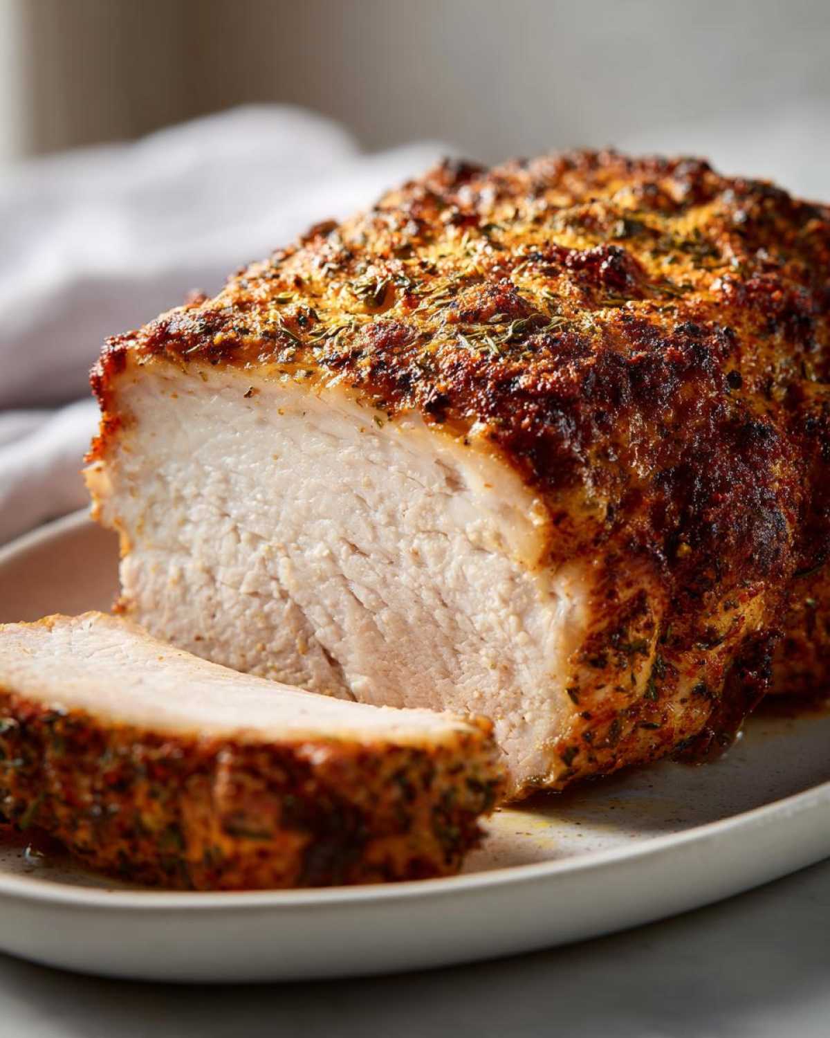 Close-up of a perfectly cooked baked chicken breast, sliced to show juicy white meat and a golden herb crust.