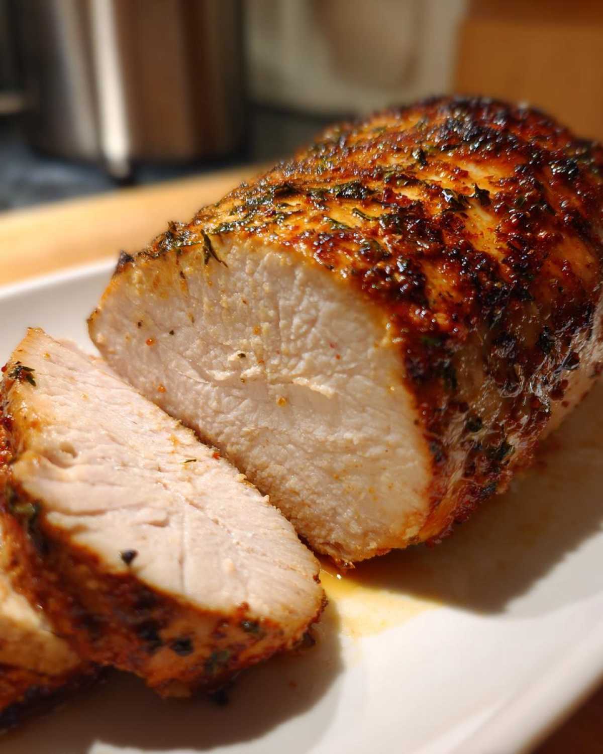 Close-up of a perfectly cooked, juicy baked chicken breast, sliced to show the white interior and seasoned, browned exterior.