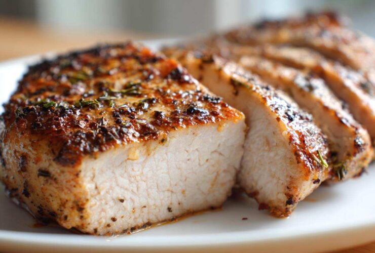 Close-up of juicy baked chicken breast, sliced to show the moist interior and herb-crusted exterior.