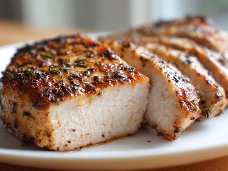 Close-up of juicy baked chicken breast, sliced to show the moist interior and herb-crusted exterior.