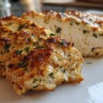 Close-up of juicy baked ranch chicken, showing the golden-brown, herbed crust and moist white interior.