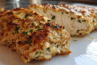 Close-up of juicy baked ranch chicken, showing the golden-brown, herbed crust and moist white interior.