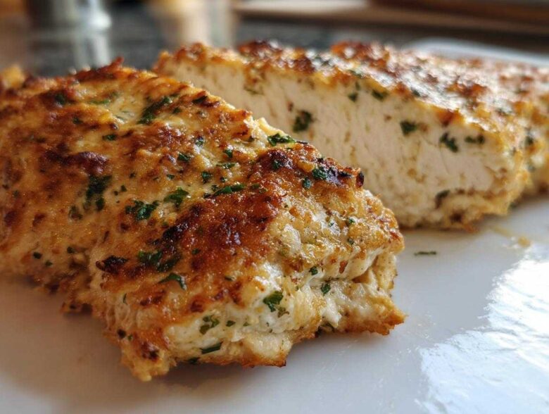 Close-up of juicy baked ranch chicken, showing the golden-brown, herbed crust and moist white interior.