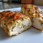 Cross-section of juicy baked ranch chicken showing white meat and cheesy ranch topping with herbs.