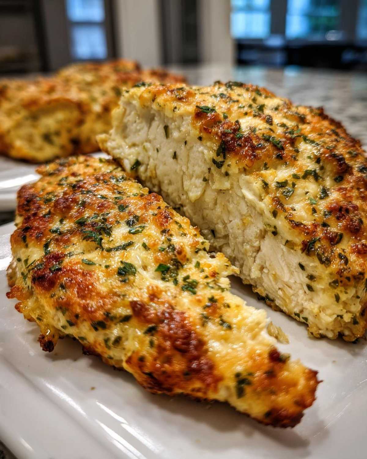 A close-up of juicy baked ranch chicken, cut in half to show the moist interior and cheesy, browned topping.