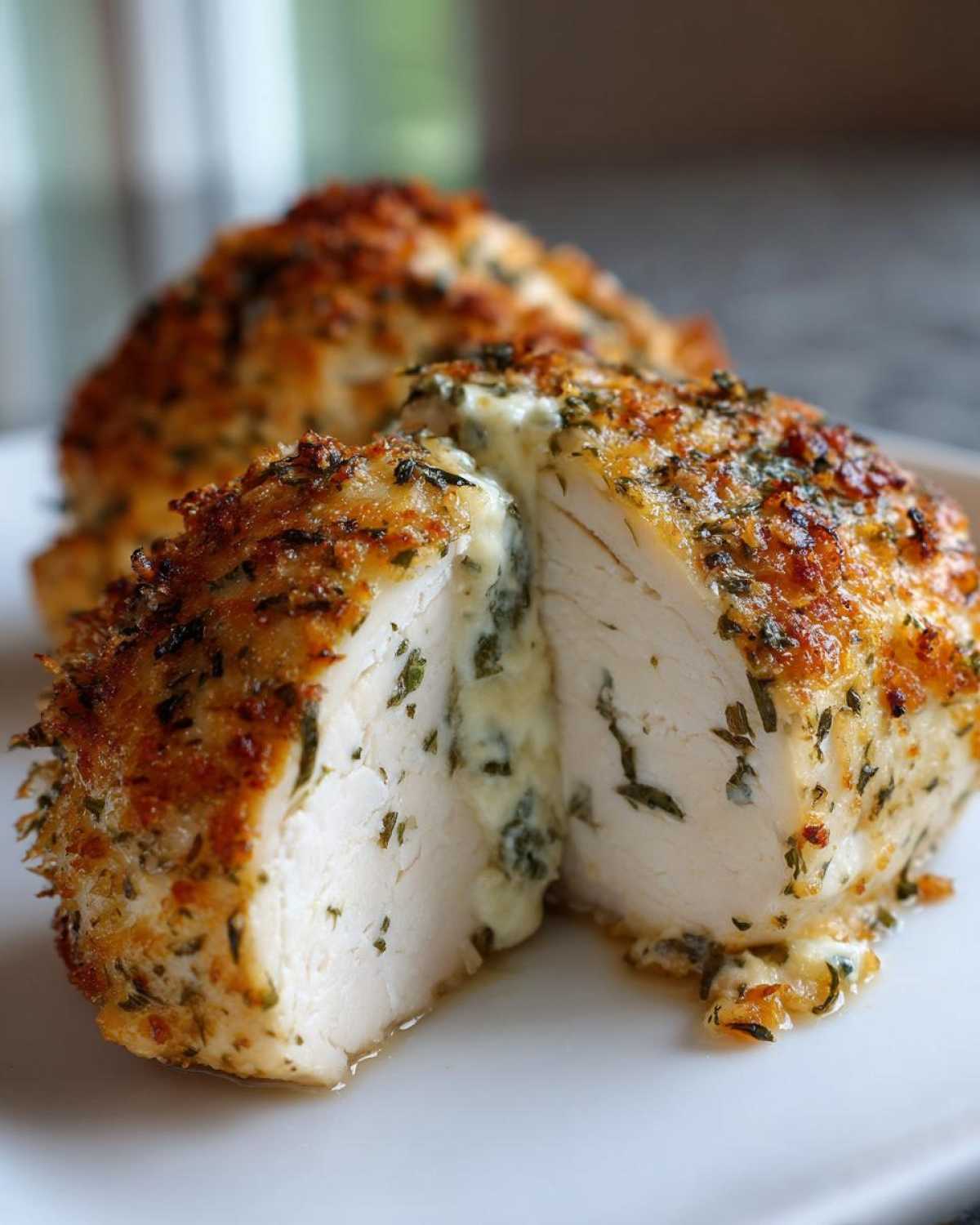 Close-up of juicy baked ranch chicken breast cut in half, revealing a creamy, herby filling inside.