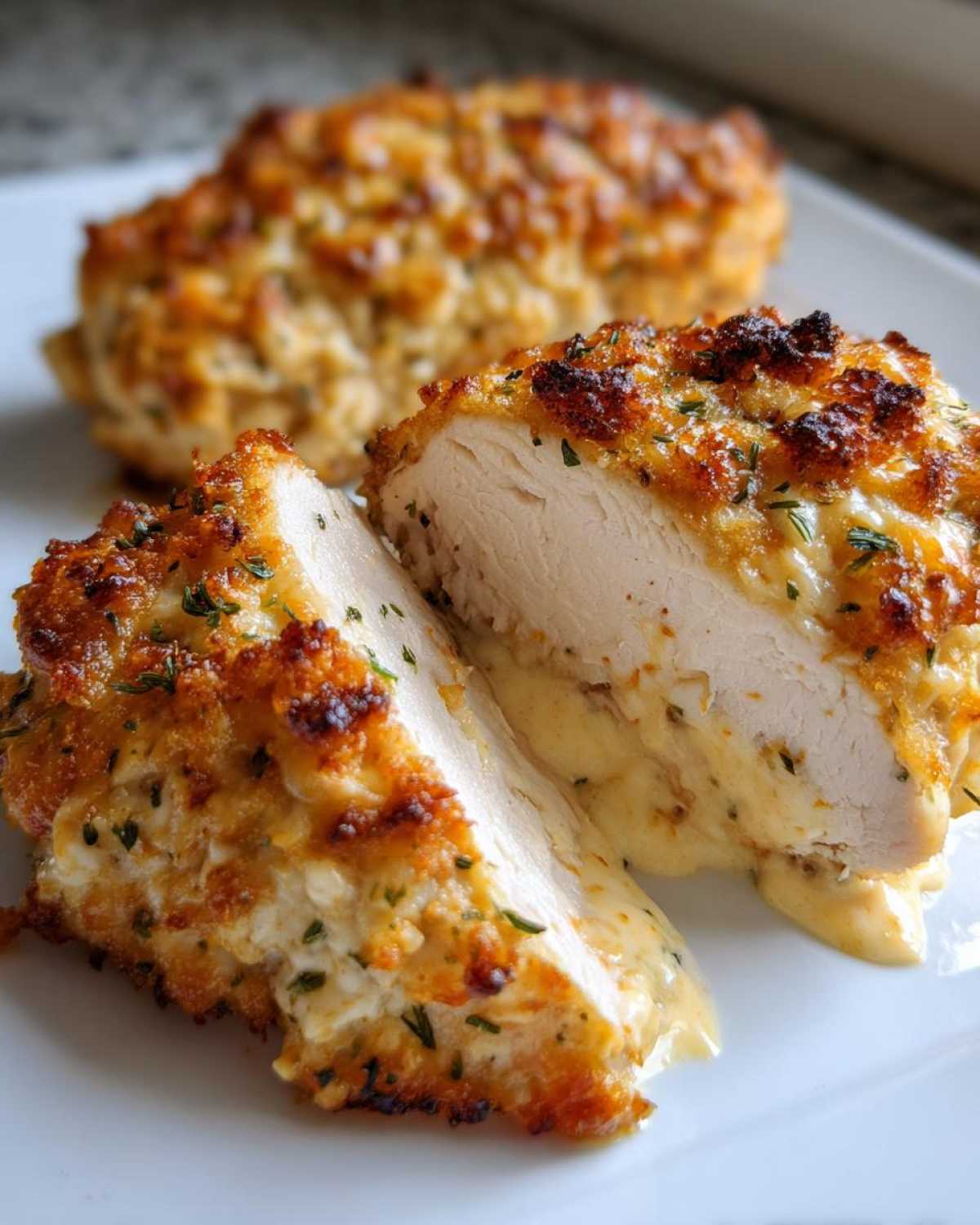 Close-up of baked ranch chicken breast cut in half, showing juicy white meat and creamy ranch filling.