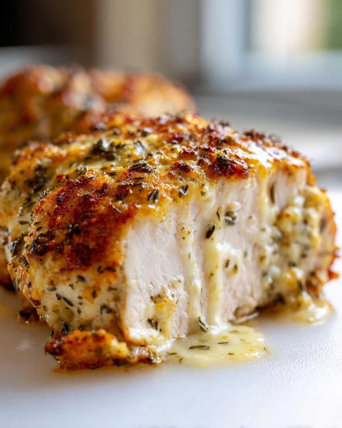 Close-up of juicy baked ranch chicken breast sliced open, showing moist white meat and creamy ranch sauce dripping out.