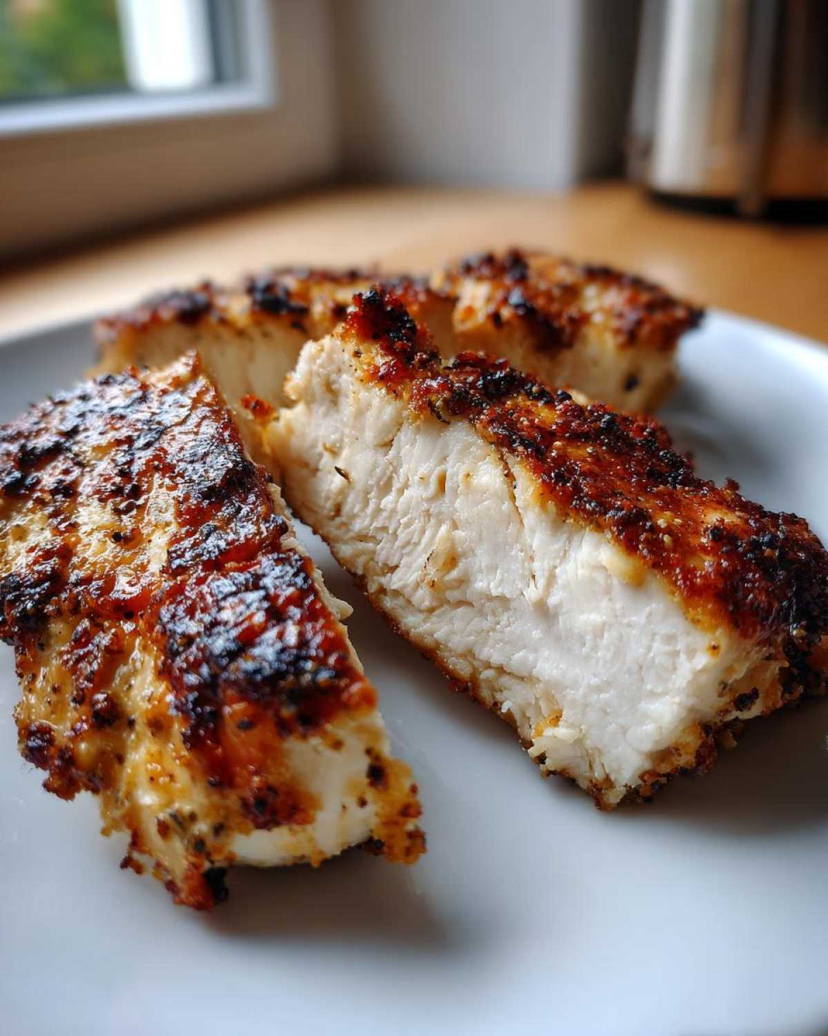 Three slices of perfectly cooked chicken breast showing a juicy white interior and a dark, seasoned crust from the chicken marinade.
