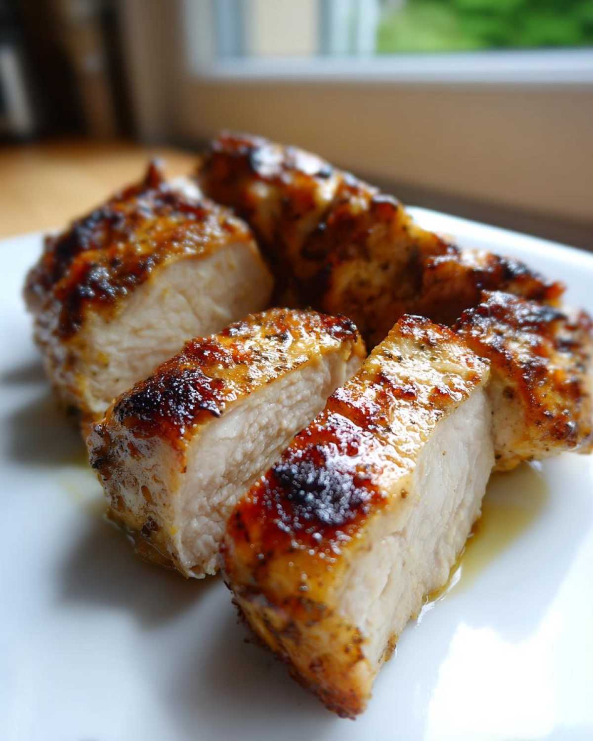 Close-up of perfectly cooked, sliced chicken breast showing juicy interior after using the amazing chicken marinade.