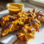 Close-up of grilled, golden yellow chicken satay skewers served on a white plate next to a small cup of peanut sauce.