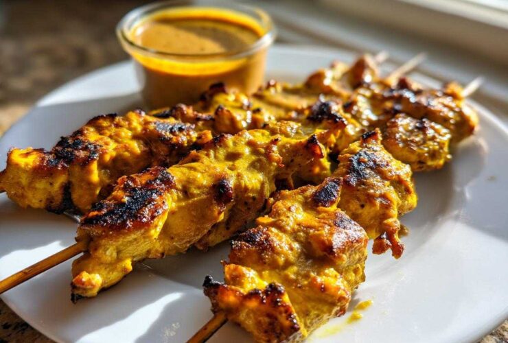 Close-up of grilled, golden yellow chicken satay skewers served on a white plate next to a small cup of peanut sauce.