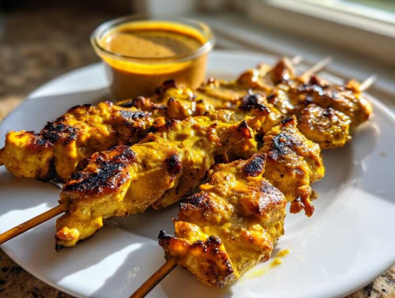 Close-up of grilled, golden yellow chicken satay skewers served on a white plate next to a small cup of peanut sauce.