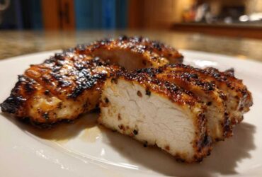 Close-up of sliced, perfectly cooked chicken breast showing juicy white meat and charred exterior from a great chicken marinade.