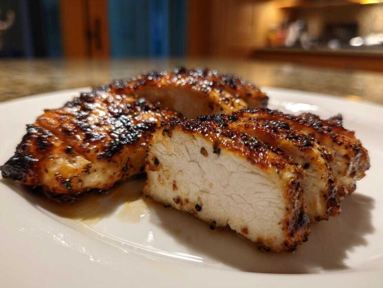 Close-up of sliced, perfectly cooked chicken breast showing juicy white meat and charred exterior from a great chicken marinade.
