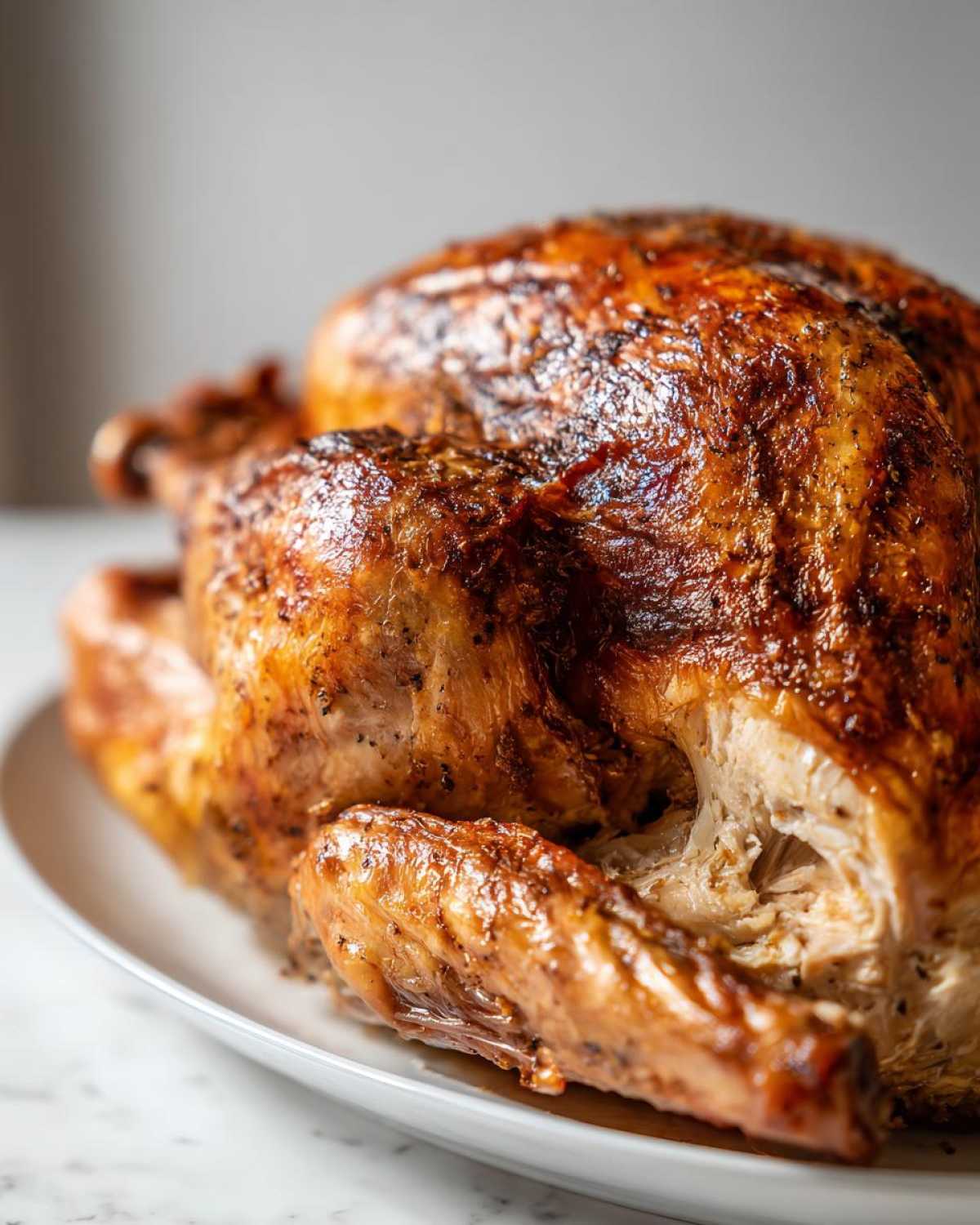 Close-up of a perfectly roasted turkey with golden-brown, crispy skin, showing juicy white meat exposed near the wing.
