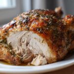 A roasted turkey breast, sliced open to show moist, shredded white meat after using the turkey brine recipe.