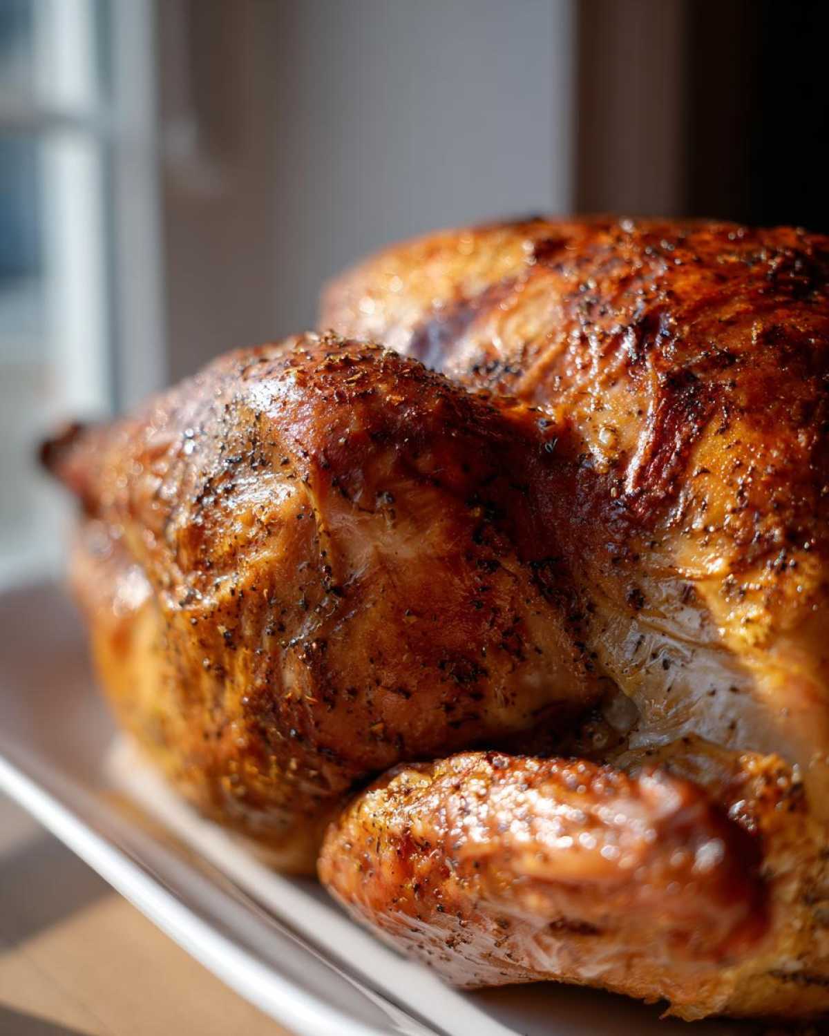 Close-up of a perfectly roasted turkey with crispy, seasoned skin, highlighting the results of a great turkey brine.