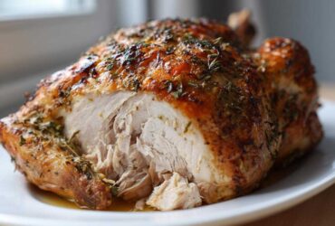 A roasted turkey breast, sliced open to show moist, shredded white meat after using the turkey brine recipe.