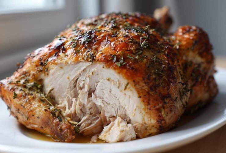 A roasted turkey breast, sliced open to show moist, shredded white meat after using the turkey brine recipe.