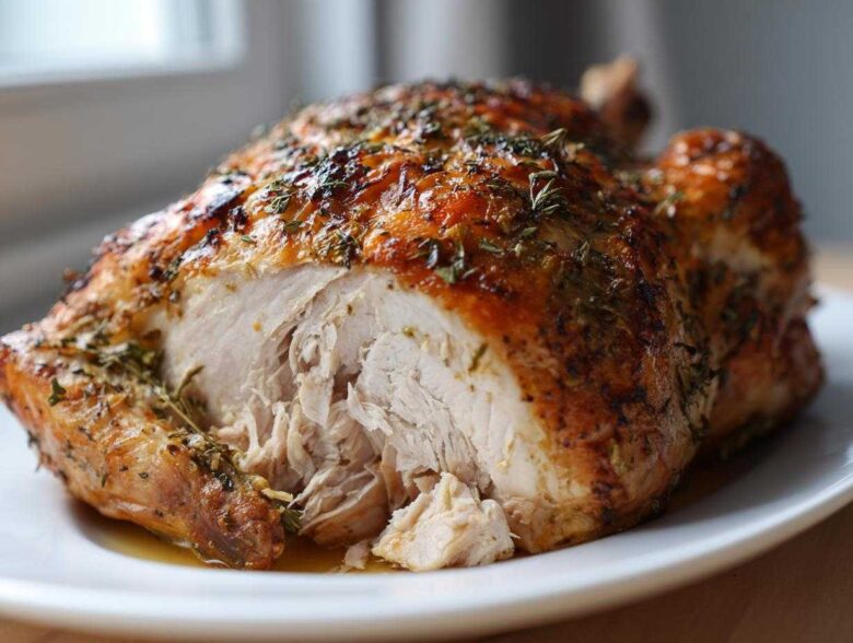 A roasted turkey breast, sliced open to show moist, shredded white meat after using the turkey brine recipe.