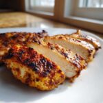 Close-up of perfectly cooked, sliced chicken breast showing juicy interior and seasoned crust from the chicken marinade.