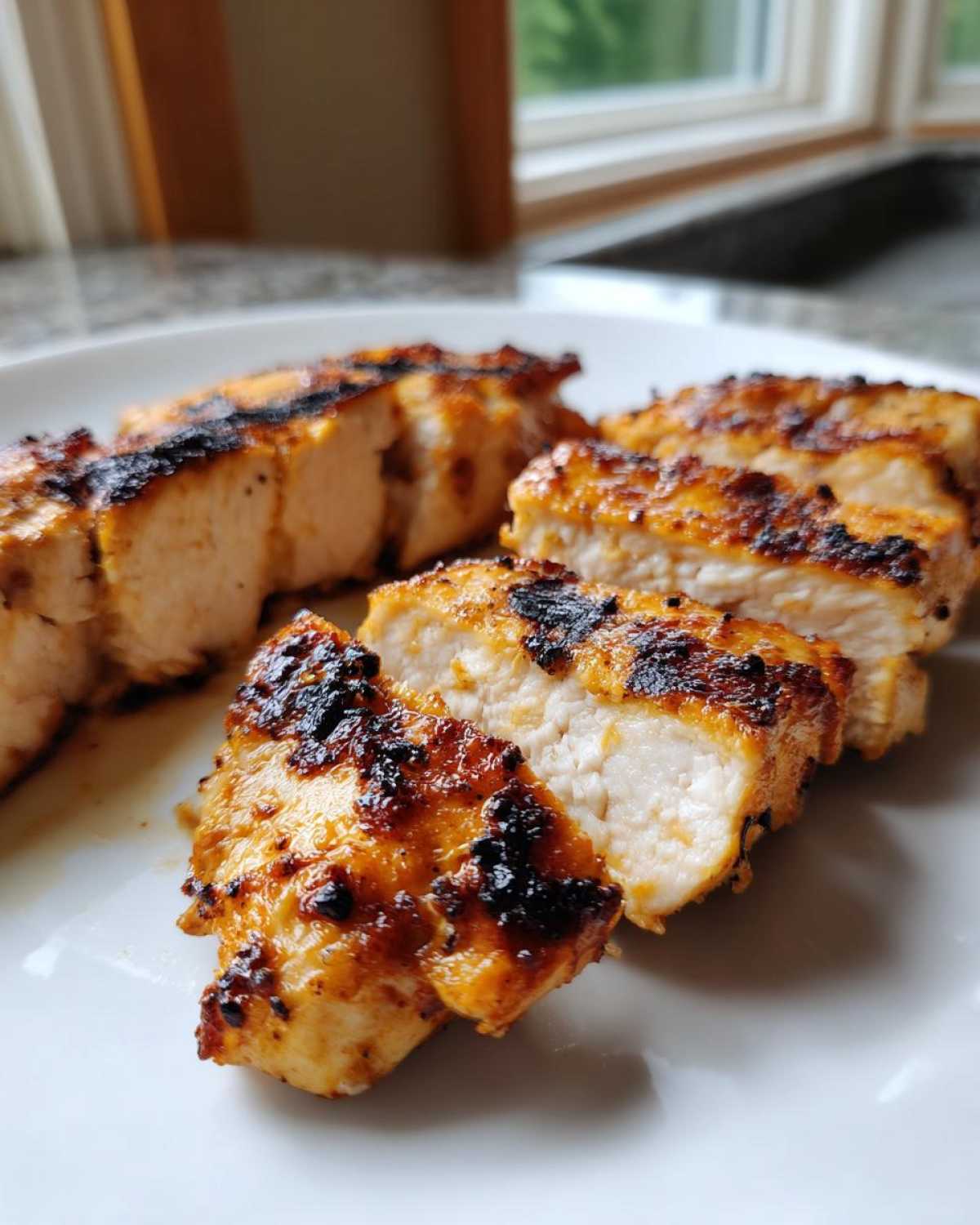 Close-up of juicy, grilled chicken breast slices showcasing the rich color from the chicken marinade.