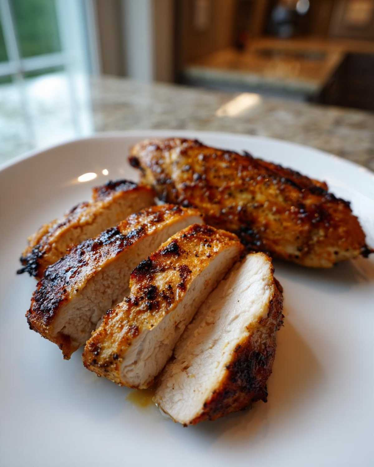 Close-up of juicy, sliced chicken breast showing the white interior and caramelized exterior from the amazing chicken marinade.