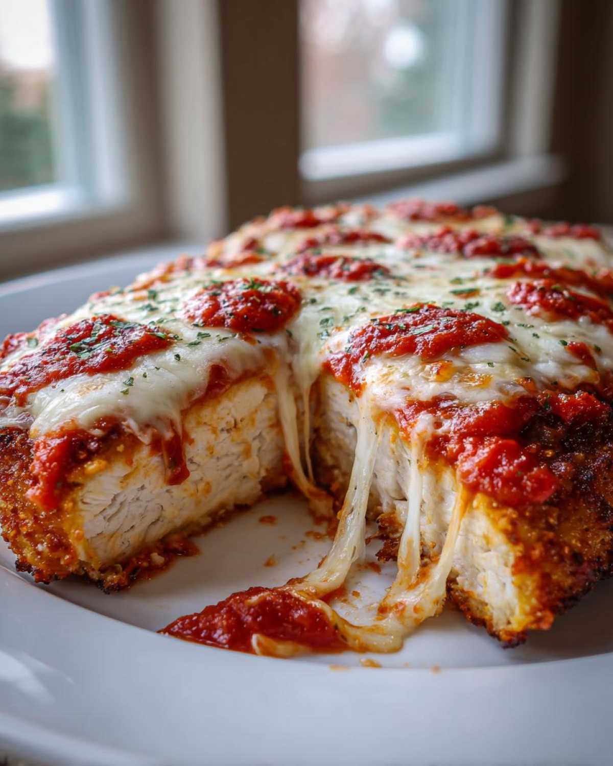 Close-up of keto chicken parmesan showing a thick, juicy chicken breast with a crispy crust, topped with marinara sauce and melted mozzarella cheese.