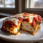 Close-up of keto chicken parmesan cut in half, showing juicy chicken, crispy crust, marinara sauce, and melted mozzarella cheese.