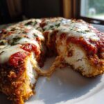 A cross-section view of keto chicken parmesan showing the crispy crust, juicy white meat, marinara sauce, and melted mozzarella cheese.