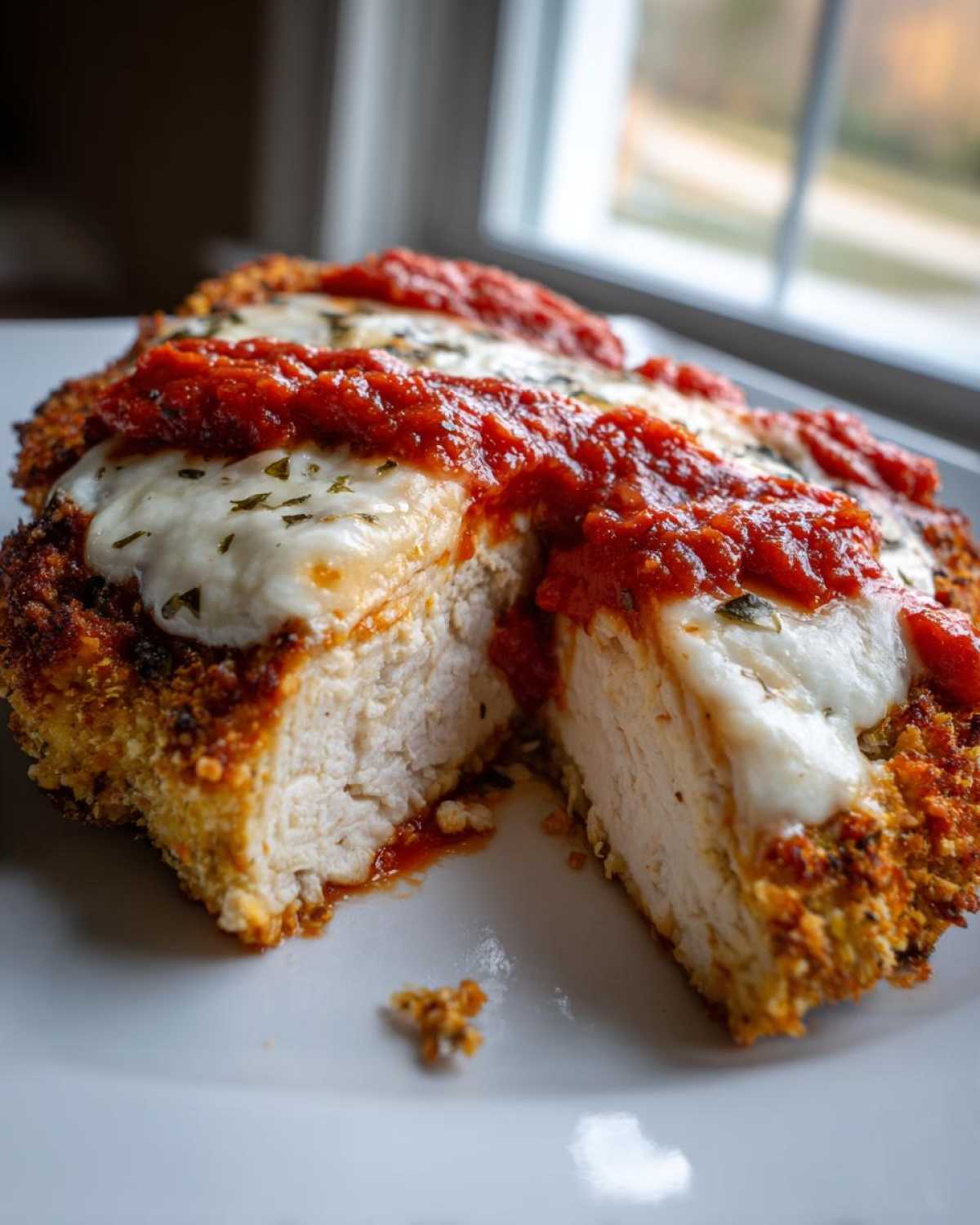 Cross-section of a perfectly cooked keto chicken parmesan showing juicy white meat, crispy crust, melted mozzarella, and marinara sauce.