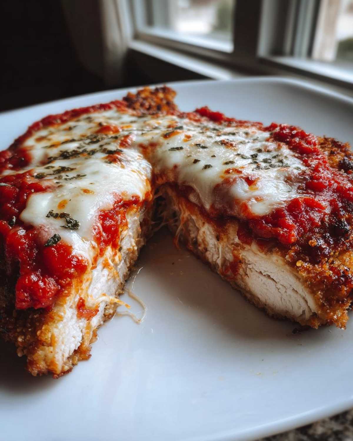 A close-up of keto chicken parmesan cut in half, showing the crispy crust, juicy white chicken, marinara sauce, and melted mozzarella cheese.