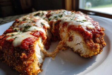 A cross-section view of keto chicken parmesan showing the crispy crust, juicy white meat, marinara sauce, and melted mozzarella cheese.