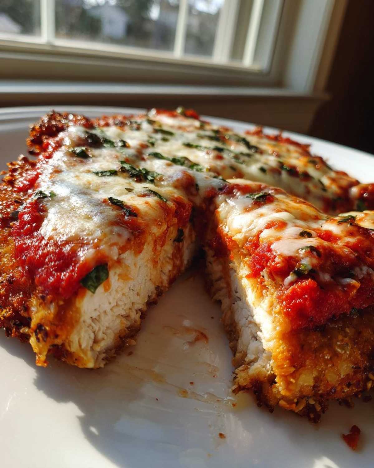 Close-up of keto chicken parmesan cut open, showing juicy white chicken, crispy crust, marinara sauce, and melted mozzarella.