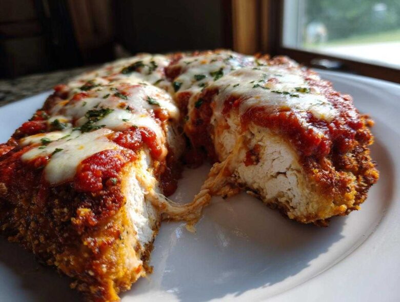 A cross-section view of keto chicken parmesan showing the crispy crust, juicy white meat, marinara sauce, and melted mozzarella cheese.