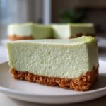 A close-up of a thick slice of light green key lime cheesecake with a graham cracker crust, sitting on a white plate.