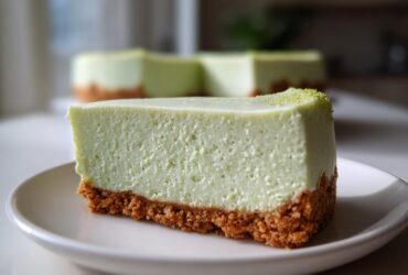 A close-up of a thick slice of light green key lime cheesecake with a graham cracker crust, sitting on a white plate.