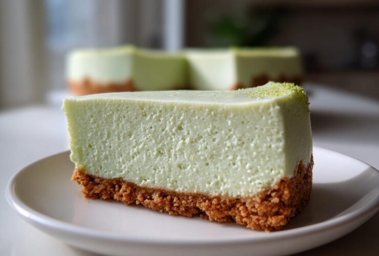 A close-up of a thick slice of light green key lime cheesecake with a graham cracker crust, sitting on a white plate.